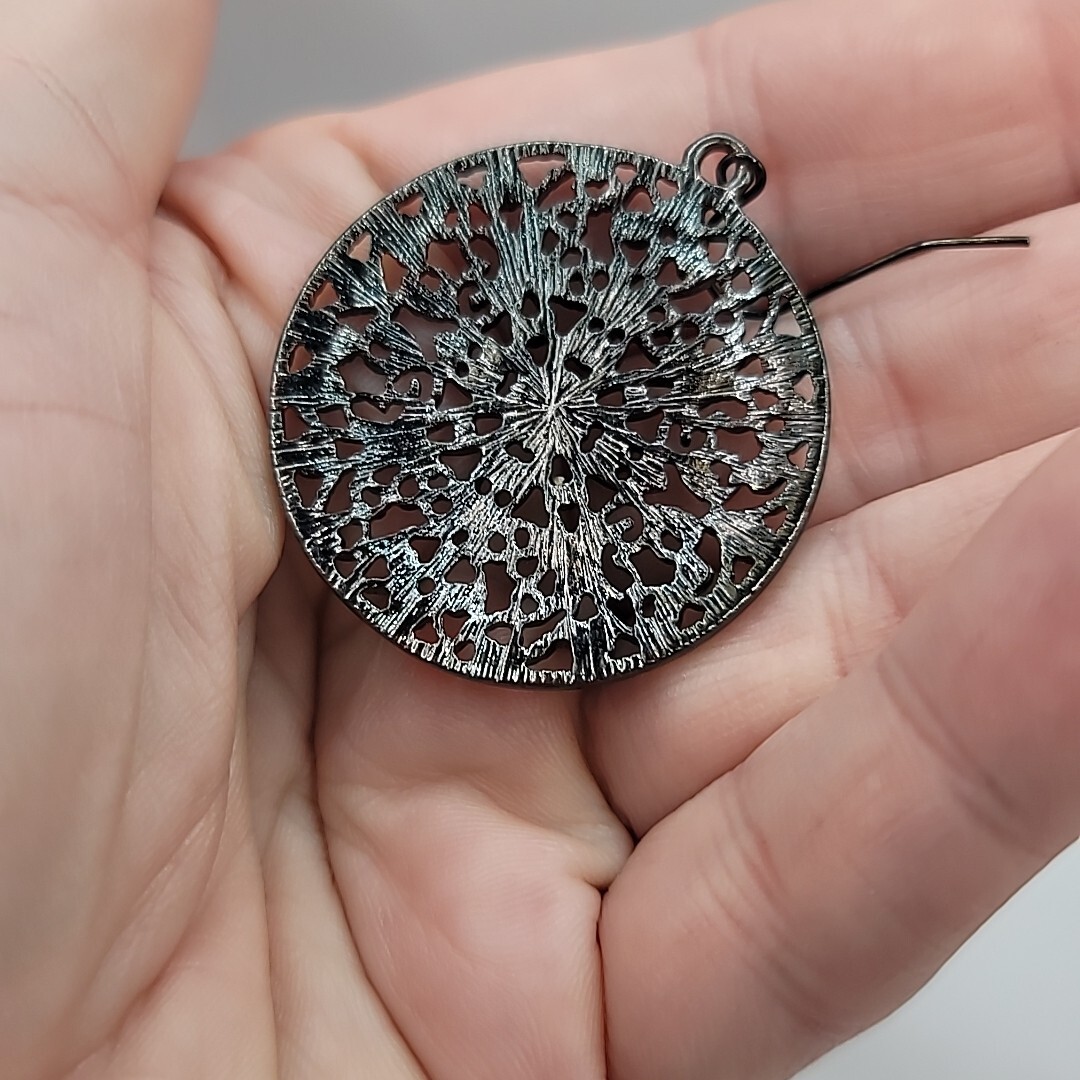 Round Filigree Open Work Gun Metal Grey Rhinestone Pierced Dangle Earrings