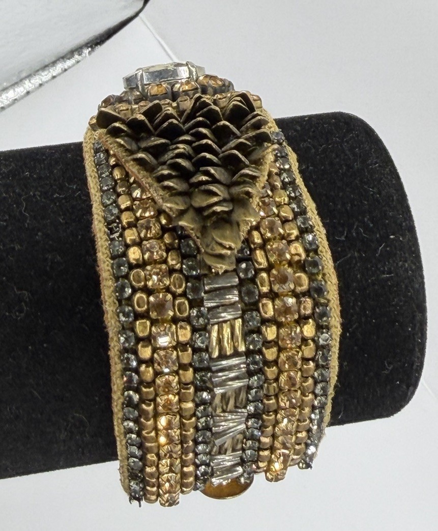 NWT Signed Deepa Gurnani Brass And Leather Bracelet With Stones 7.25”