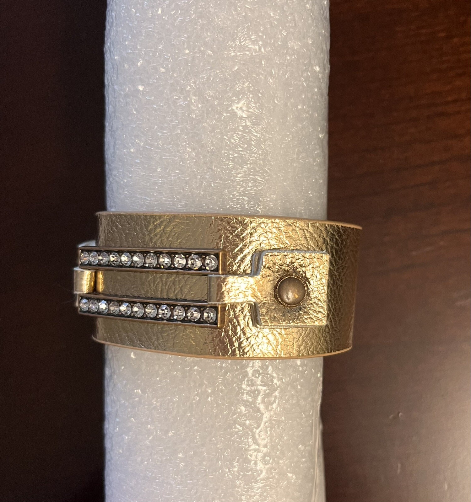 New Women’s Bracelet Gold And Rhinestone Vegan Leather Adjustable Wide Bracelet