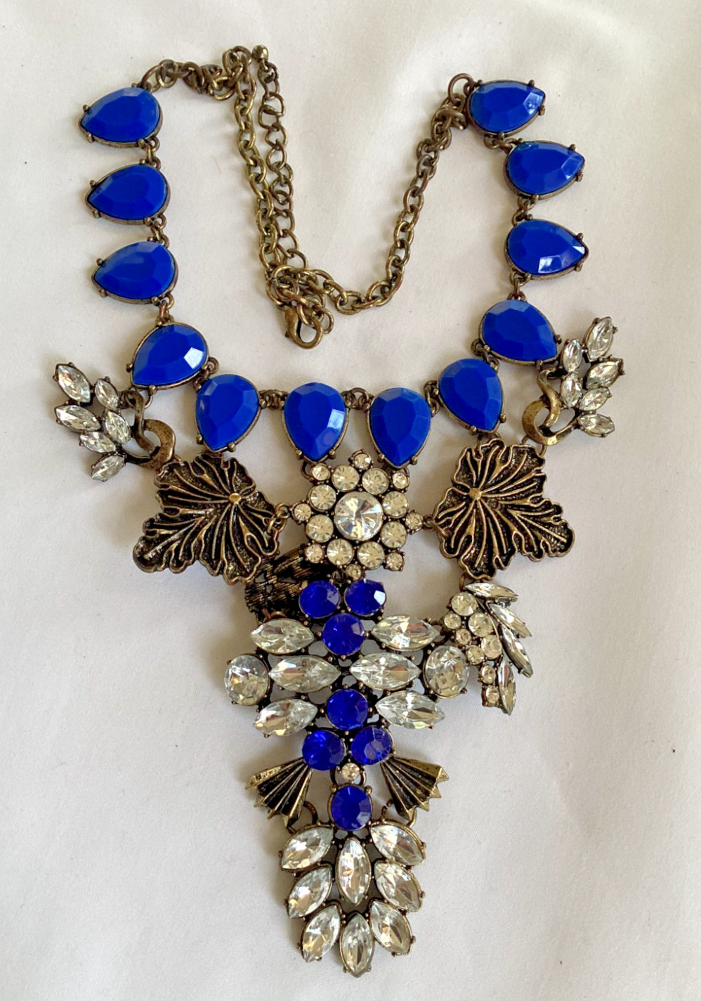 Spring Street Blue and Clear Rhinestone and Antiqued Brass Statement Necklace