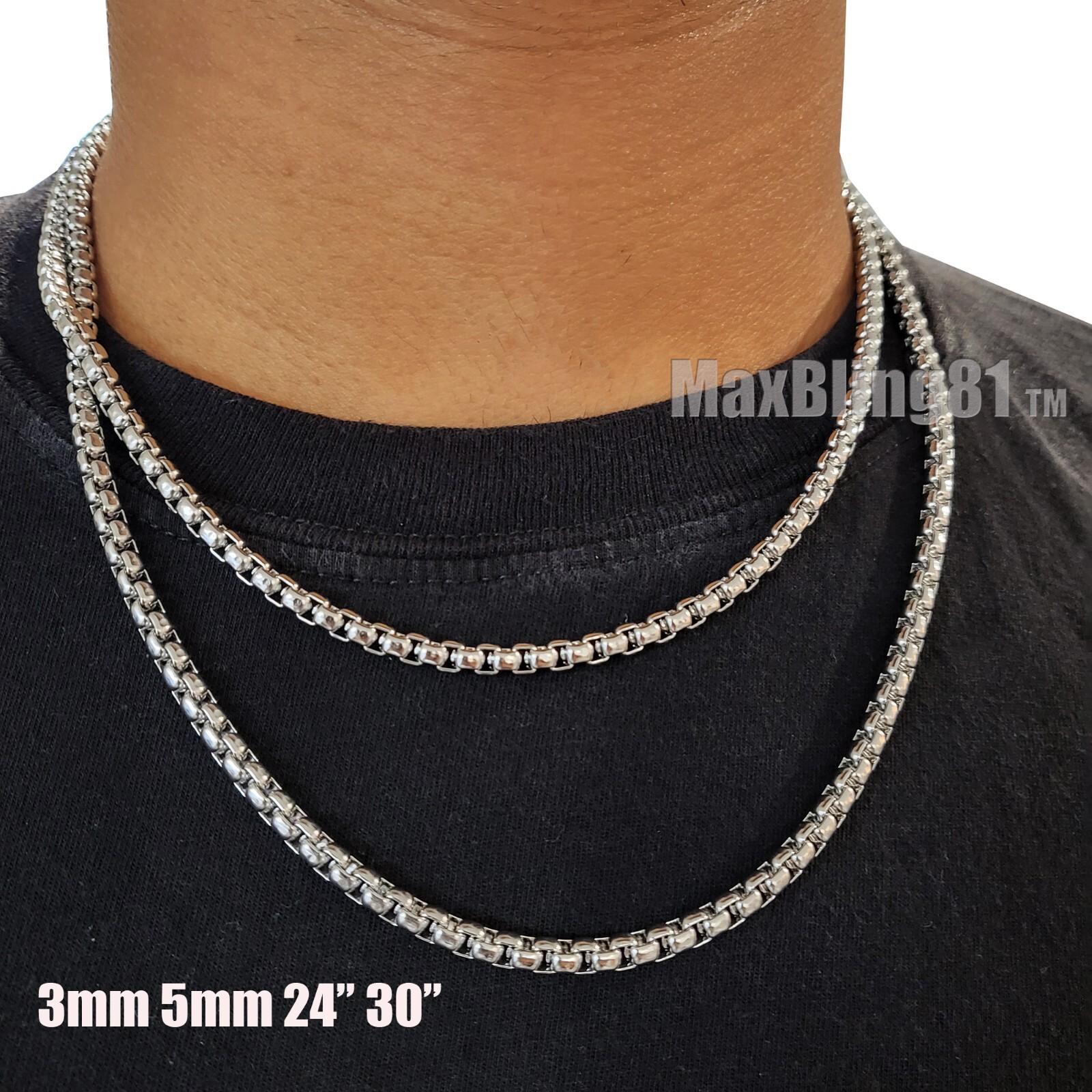 Hip Hop Rapper Style Stainless Steel Round Box 3mm 5mm 24″ 30″ Chain Necklace