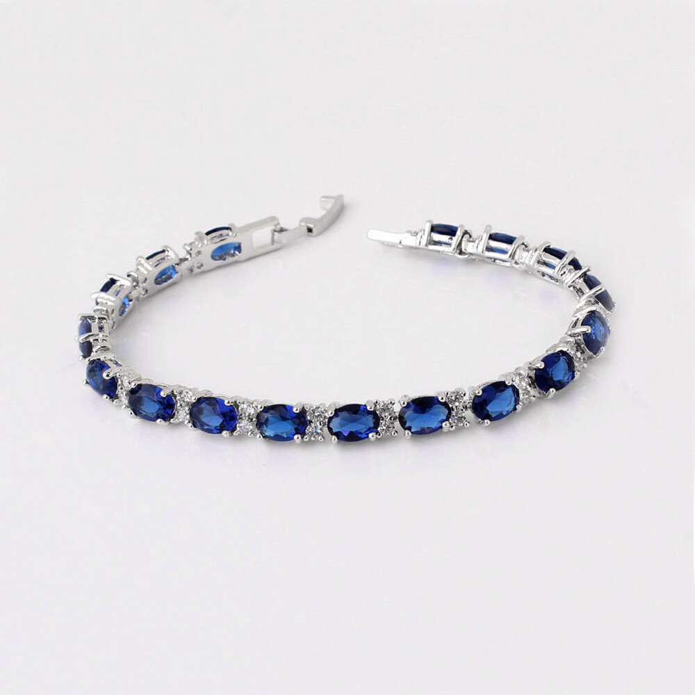 Blue Sapphire and Diamonds Tennis Bracelet 14K White Gold-Filled / Lab-Created