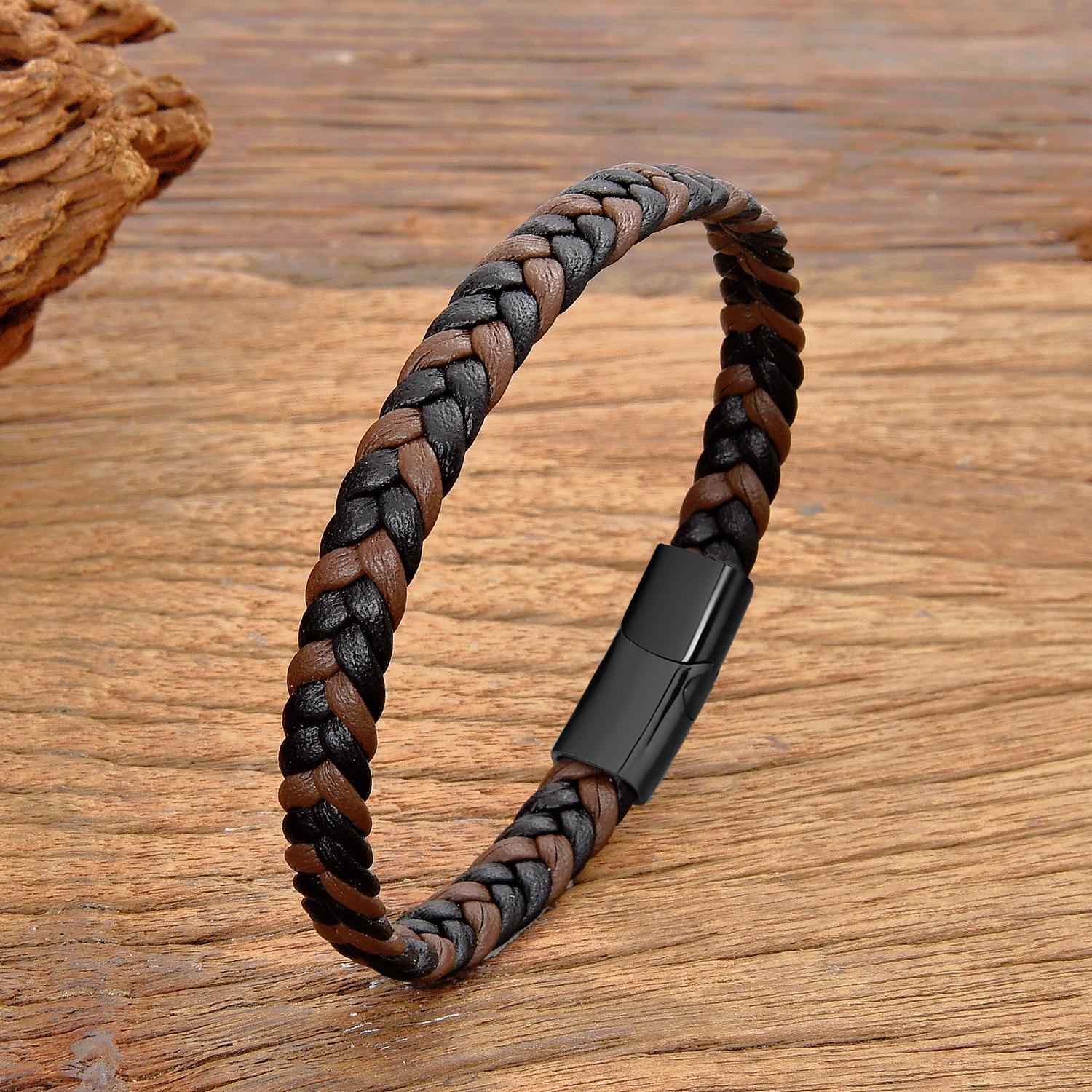 Simple Classic Stainless Steel Bracelet for Women & Men, Braided Leather Bangle