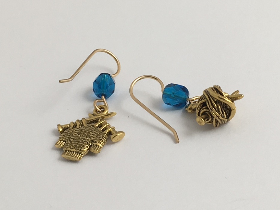 Gold tone Pewter & 14kgf knitting earrings-knit, yarn, sweater, needles,knitter