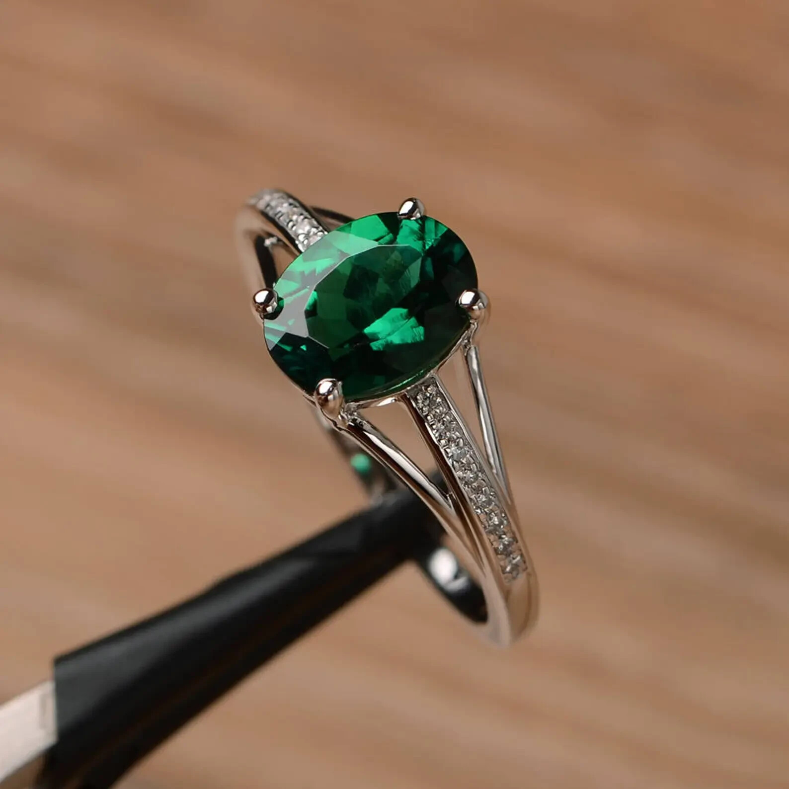 emerald and moissanite ring engagement ring solid sterling silver ring