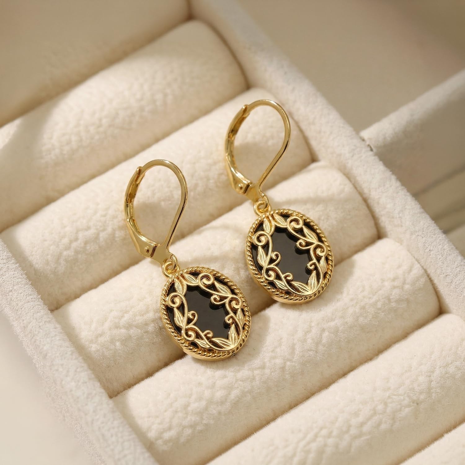 Charmsy Gold Plated Black Onyx Filigre Drop Vintage Post Earrings for Women 30mm