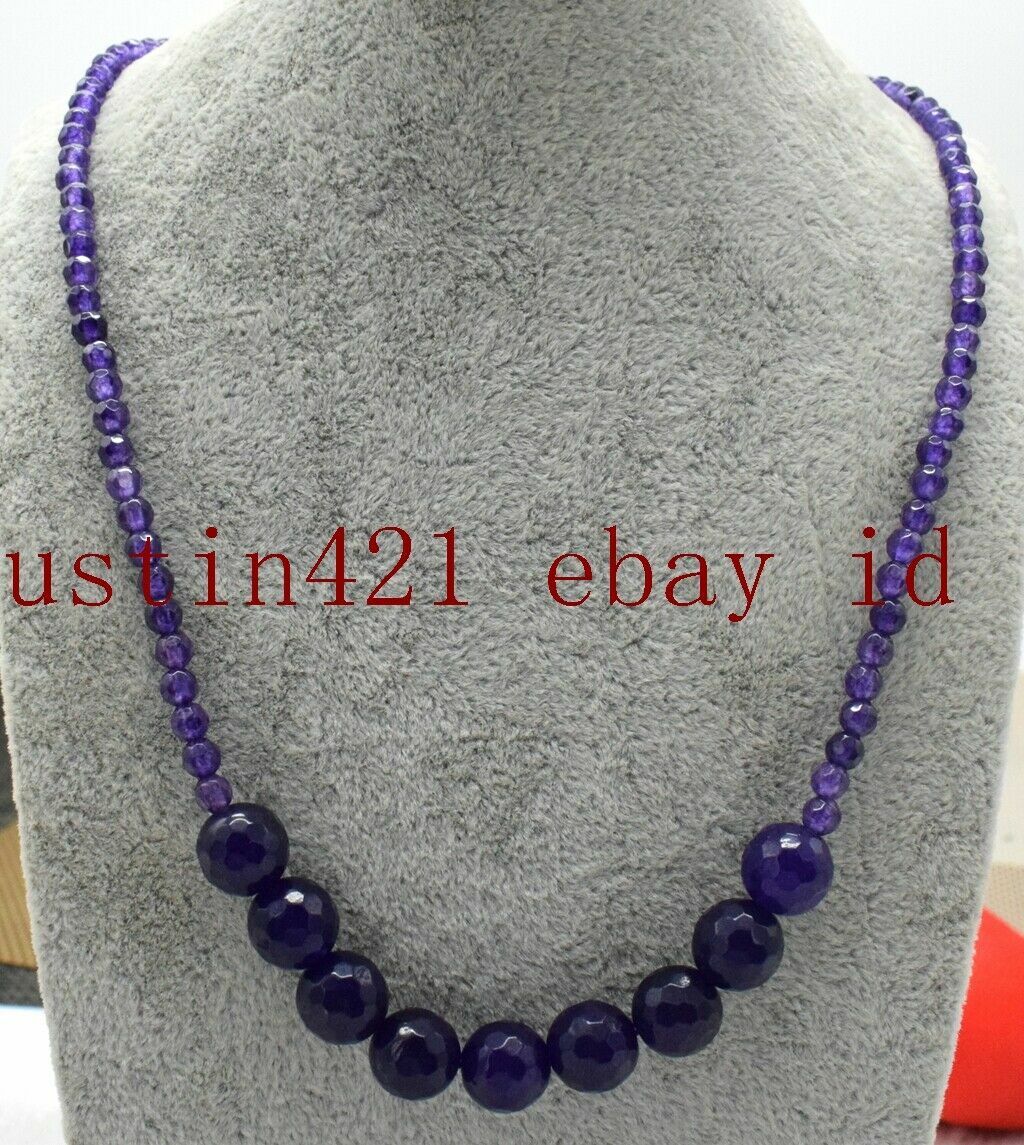 Natural 4mm & 10mm Faceted Round Purple Amethyst Gemstone Beads Necklace 18”
