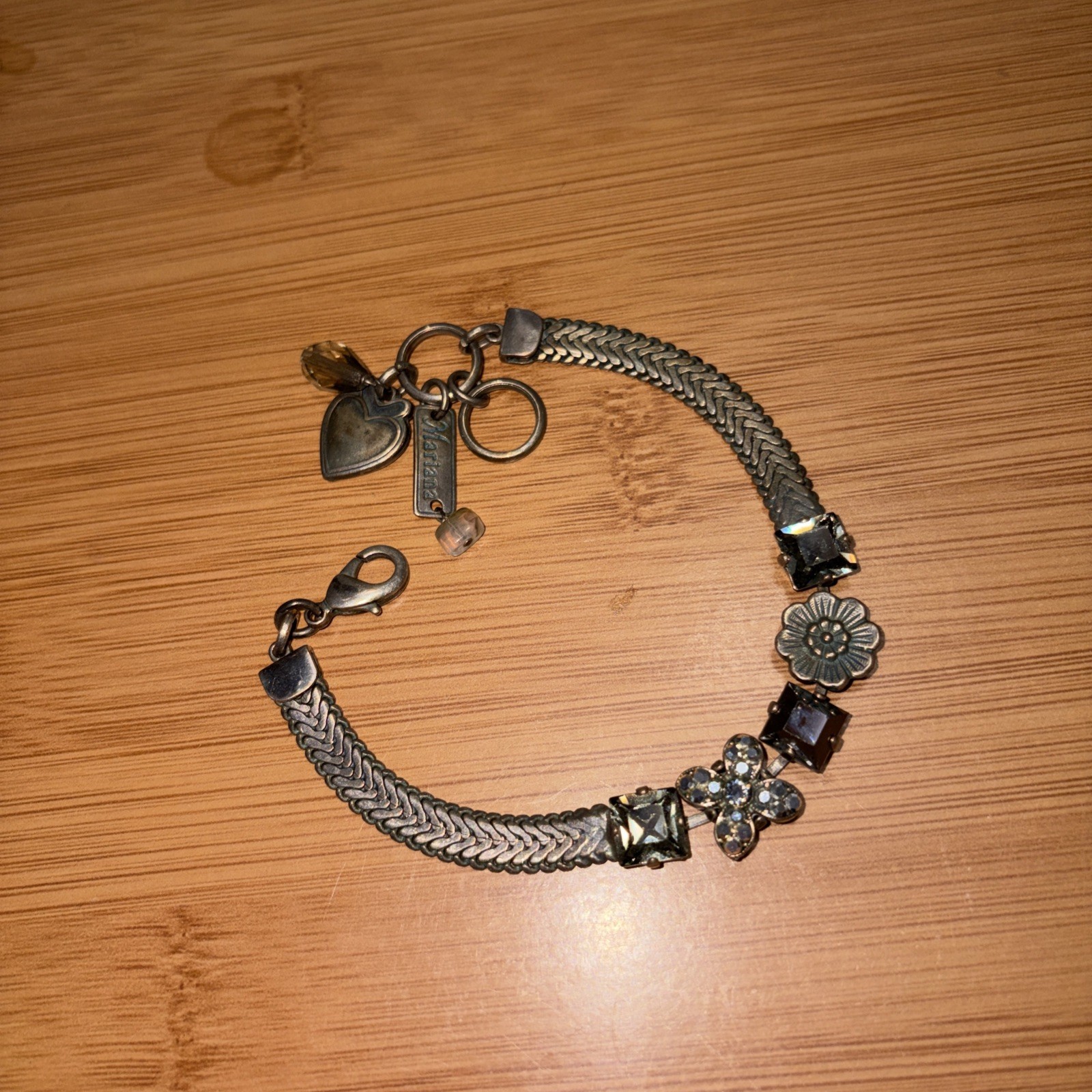 Mariana Retired Silver Mesh Bracelet Black Swarovski Crystal Floral