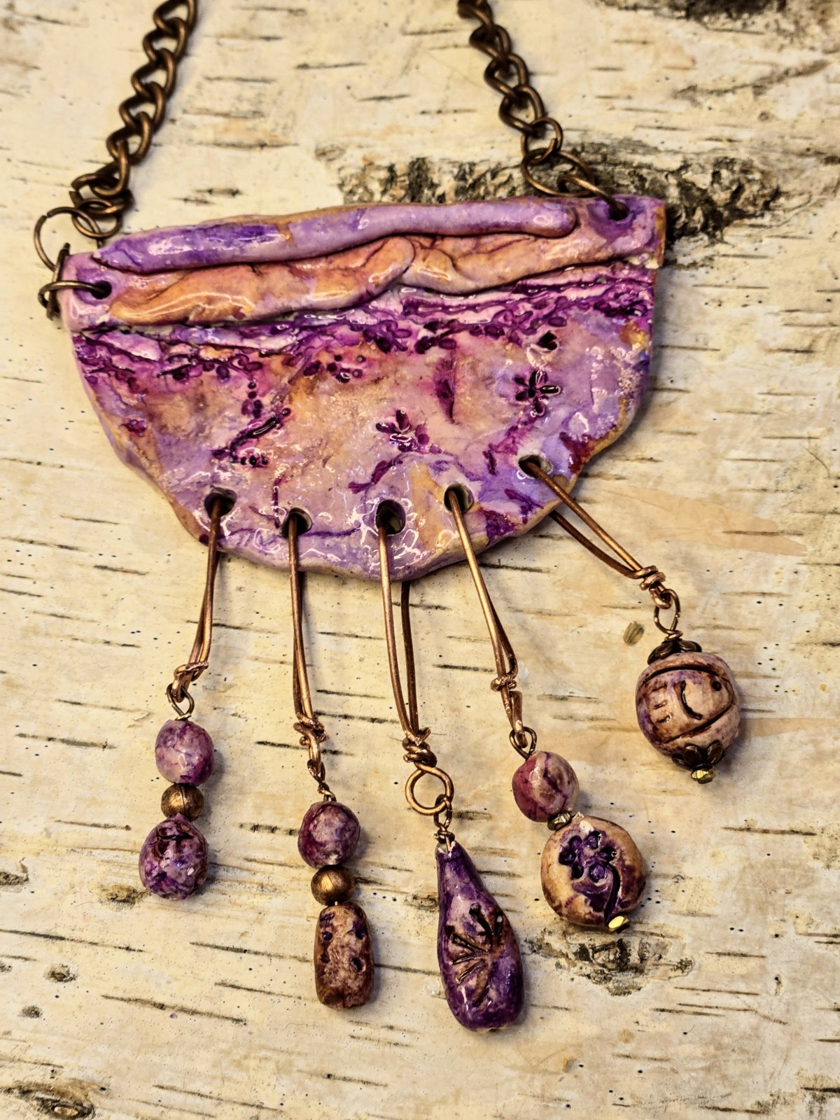 Primitive Cave Rustic Lavender Pendant & Beads Flowers & Fish Copper Necklace