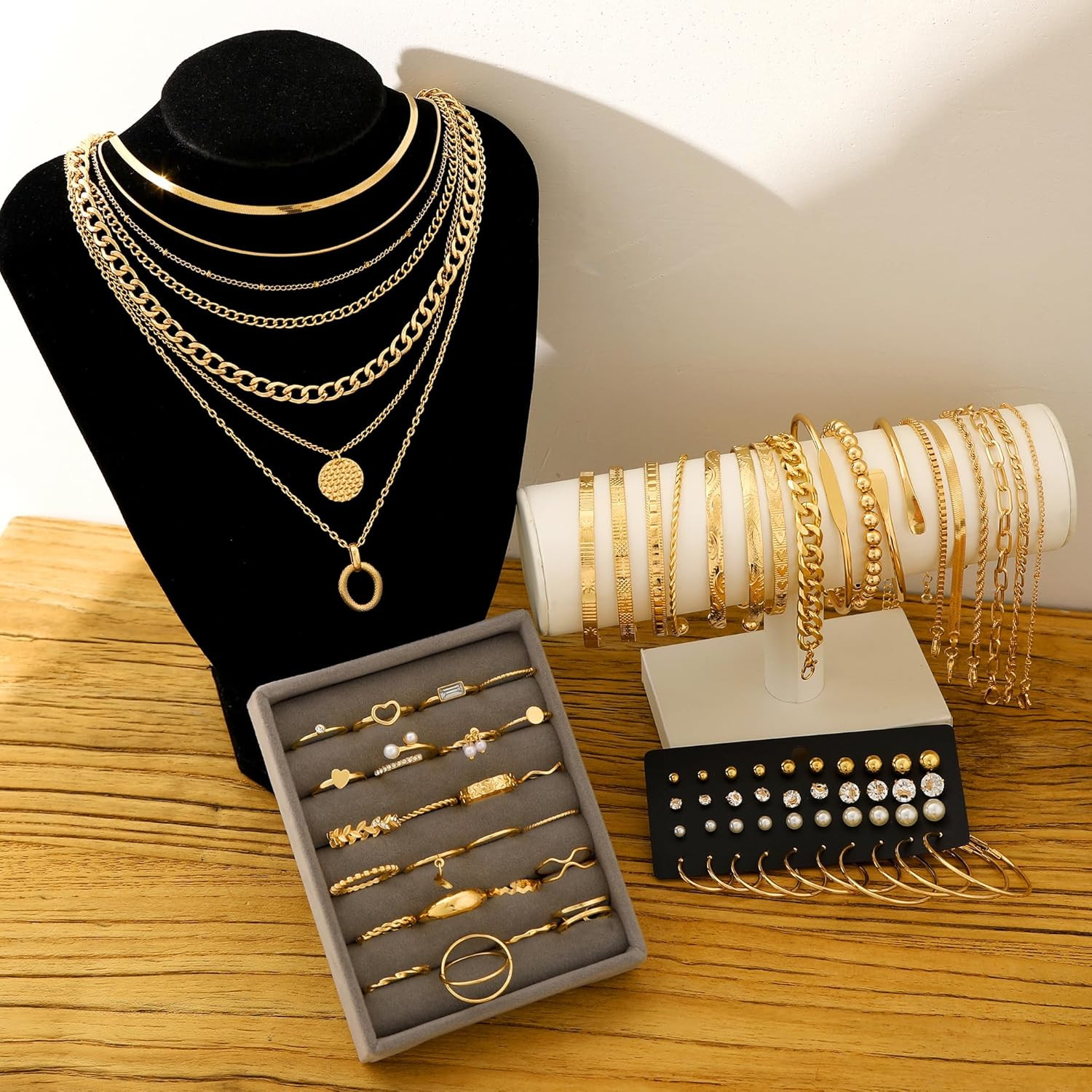 68 Pcs Gold Jewelry Set for Women with 7 Necklace, 17 Bracelet, 5 Hoop Earrings,