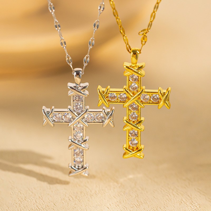 316 Stainless Thorn Cross Pendant Necklace Zirconia Unisex Hip Hop Jewelry