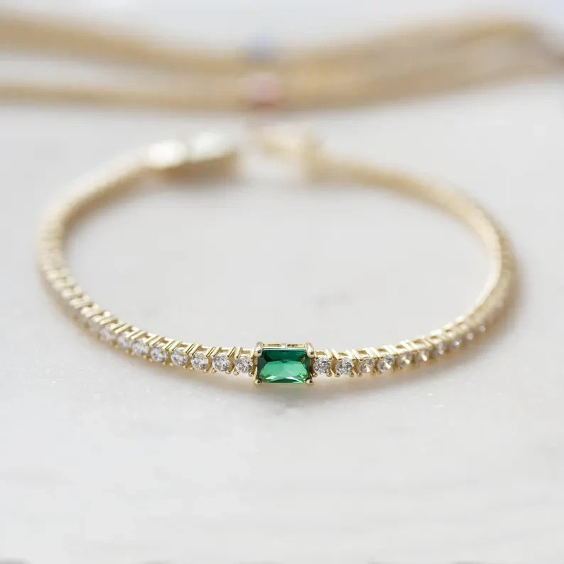 9Ct Emerald Simulated Emerald Engagement Tennis Bracelet 14K Yellow Gold Plated