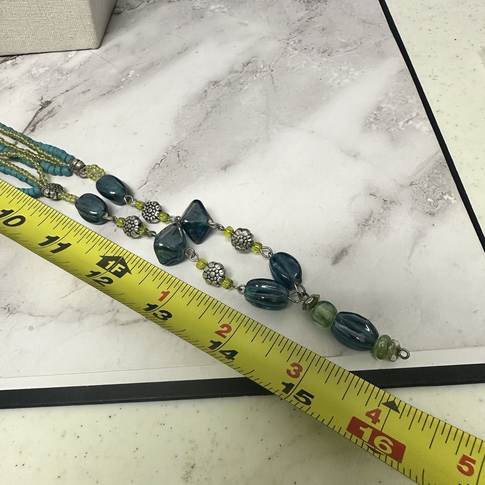 Coldwater Creek Beaded Necklace Silver Tone Green Blue Glass Beads Long Length