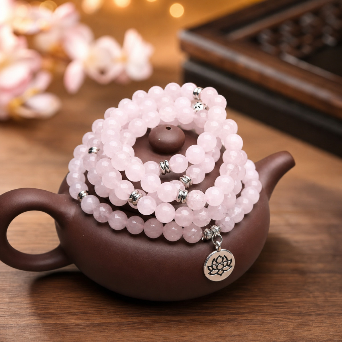108 Mala Rose Quartz Bead Necklace Bracelet Lotus Healing Meditation Yoga Gift