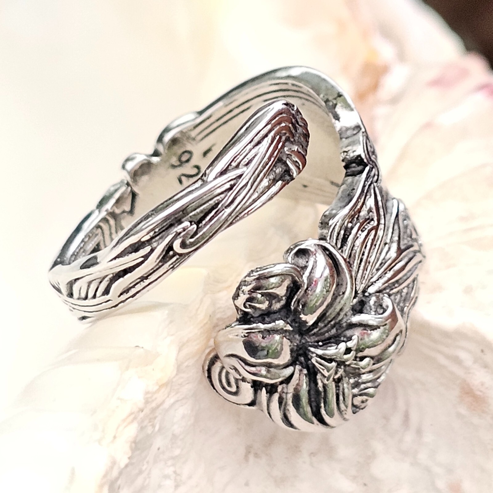 Lily Flower Spoon Ring Adjustable Silver Plated Stargazer Floral Boho & Boxed
