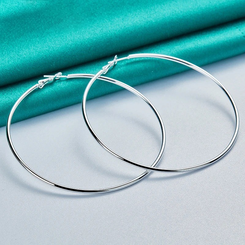 50/60/70/80mm 925 Sterling Silver Smooth Round Circle Hoop Earrings For Women