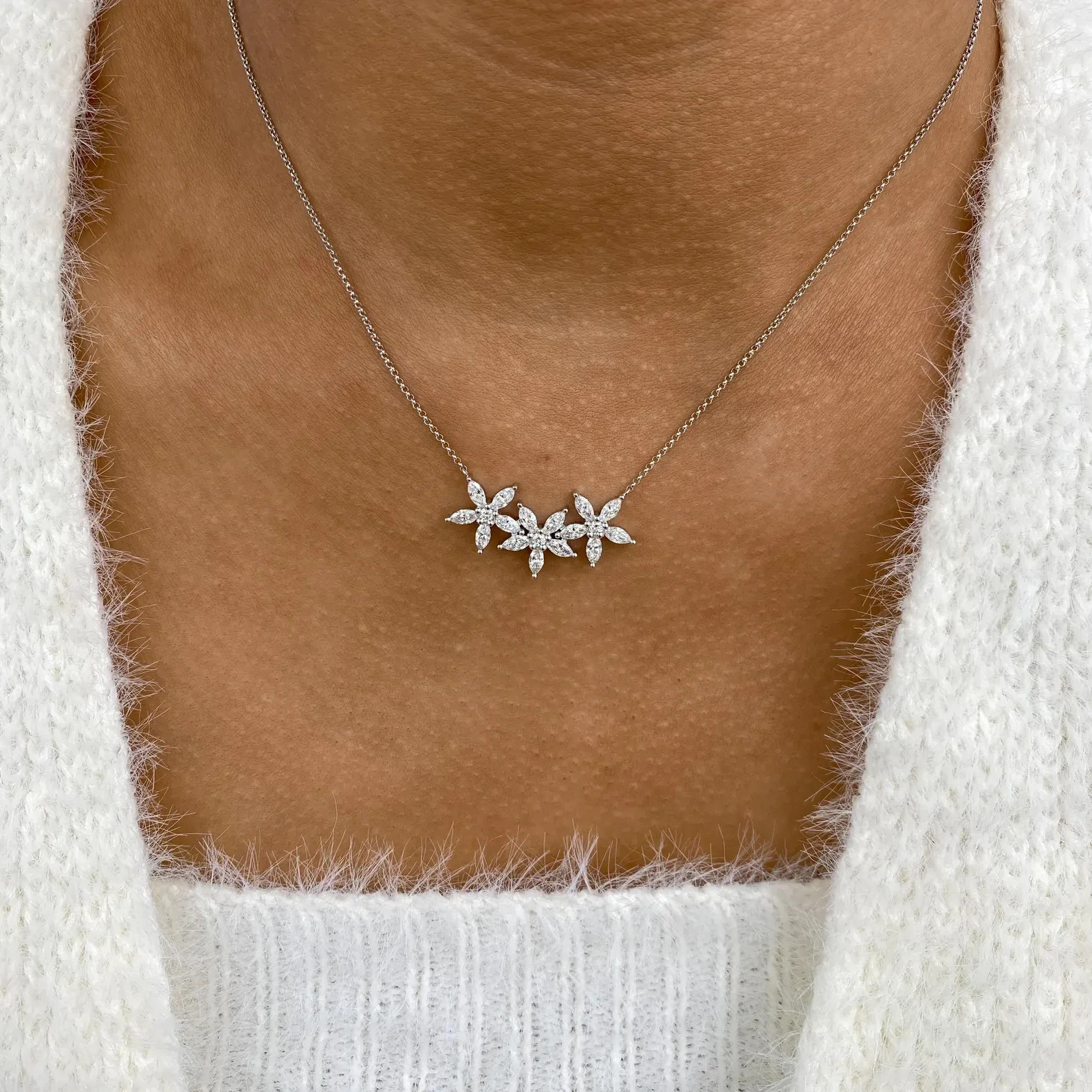 Lab Grown 2.00 Ct Marquise & Round Diamond Flower Shape Necklace 14K White Gold
