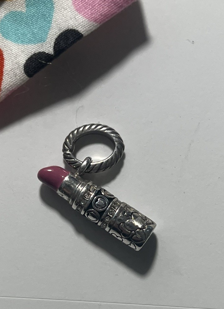 Brighton 3D LIPSTICK Enameled Silverplated Dangle Charm Pink Lip + Gift Bag