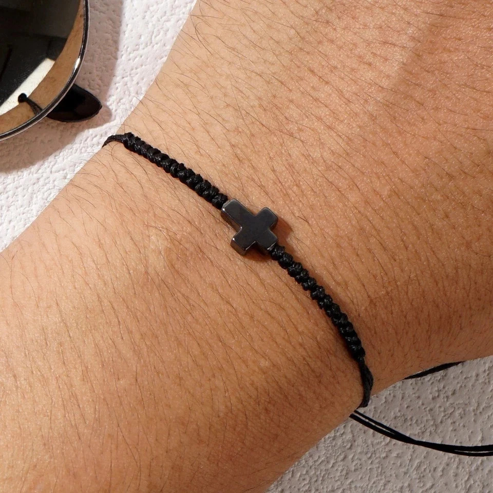 atural Hematite Cross Charm Black String Bracelet for Men Women