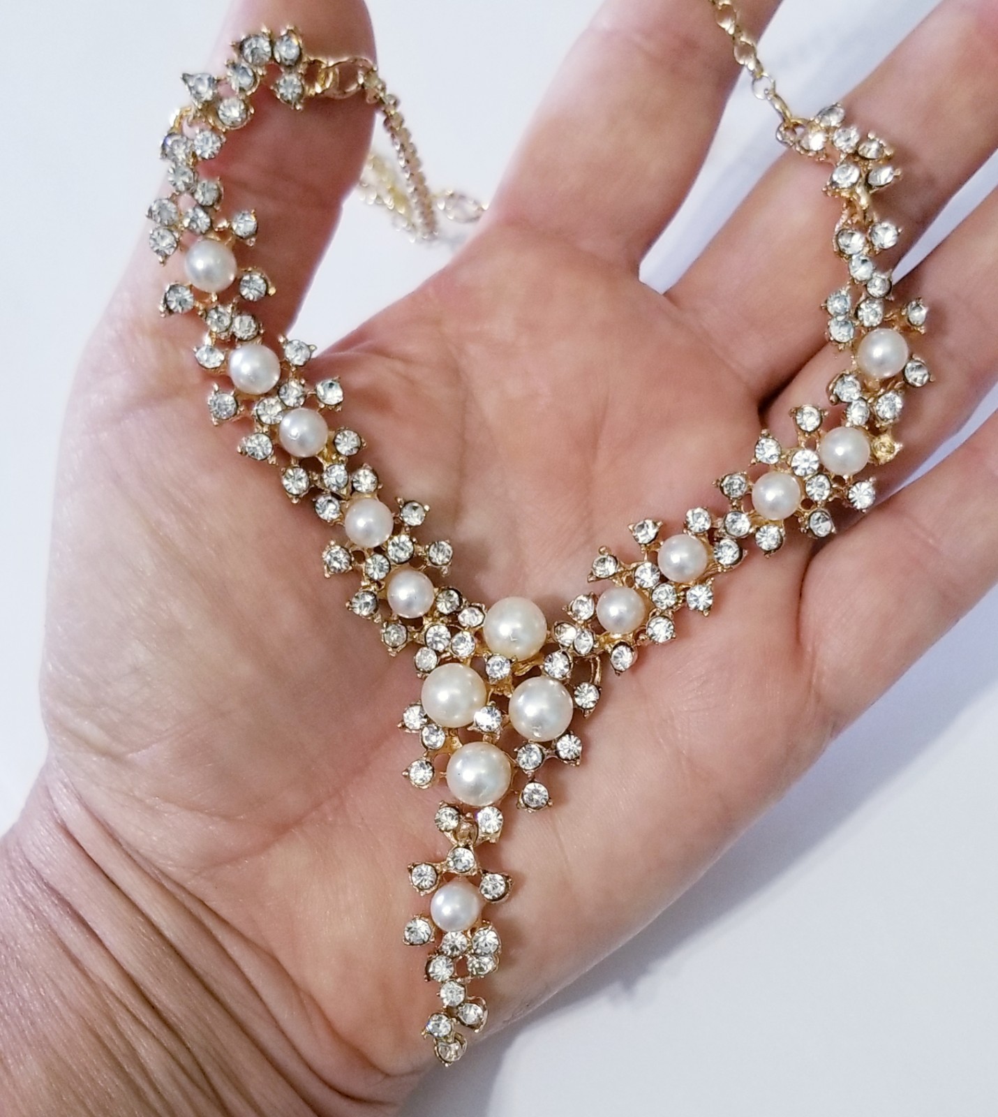 Clear Crystal Choker Rhinestone Created Pearls Necklace Bridal Prom Pageant