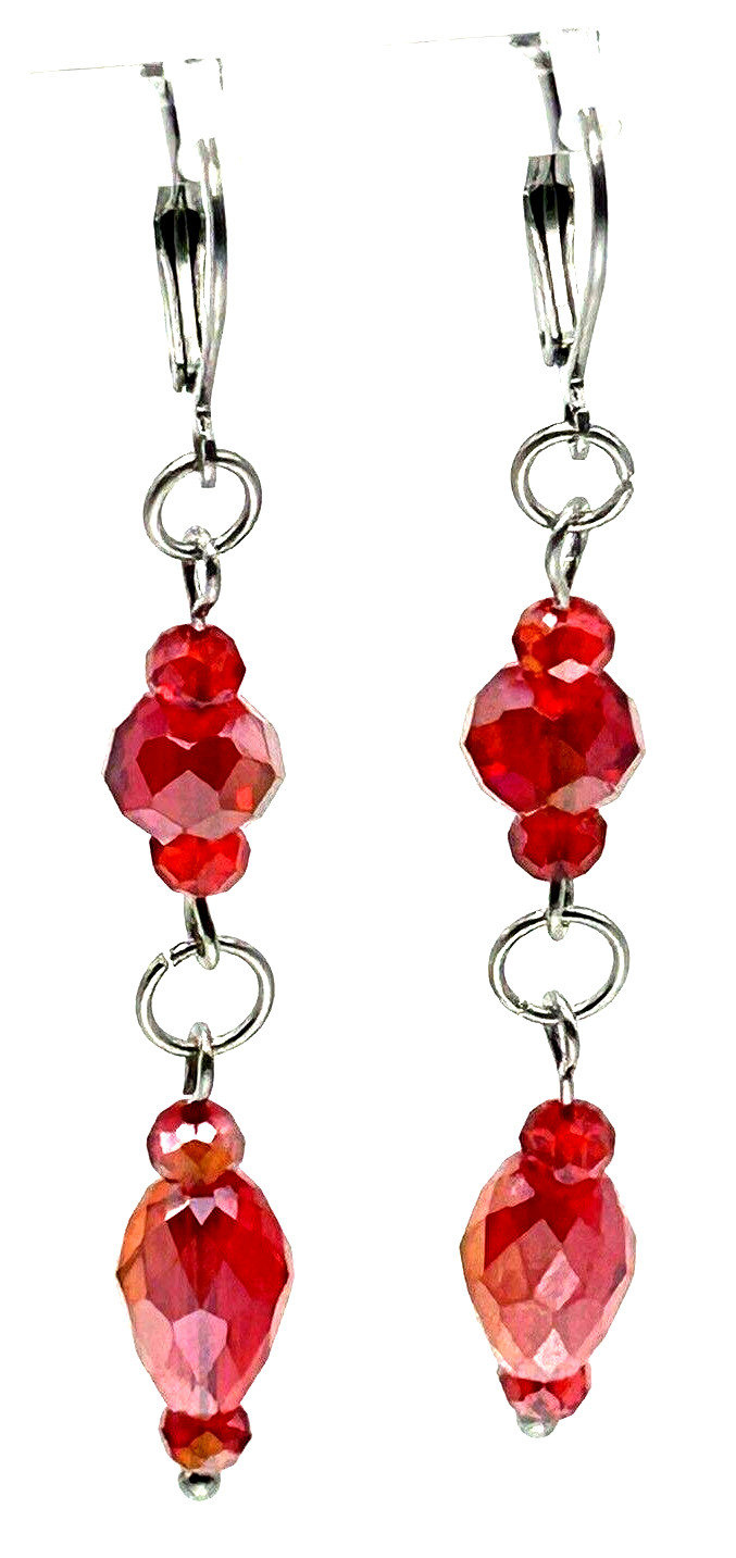 Pretty Red AB Aurora Borealis Glass Beaded Leverback Linear Dangle Drop Earrings