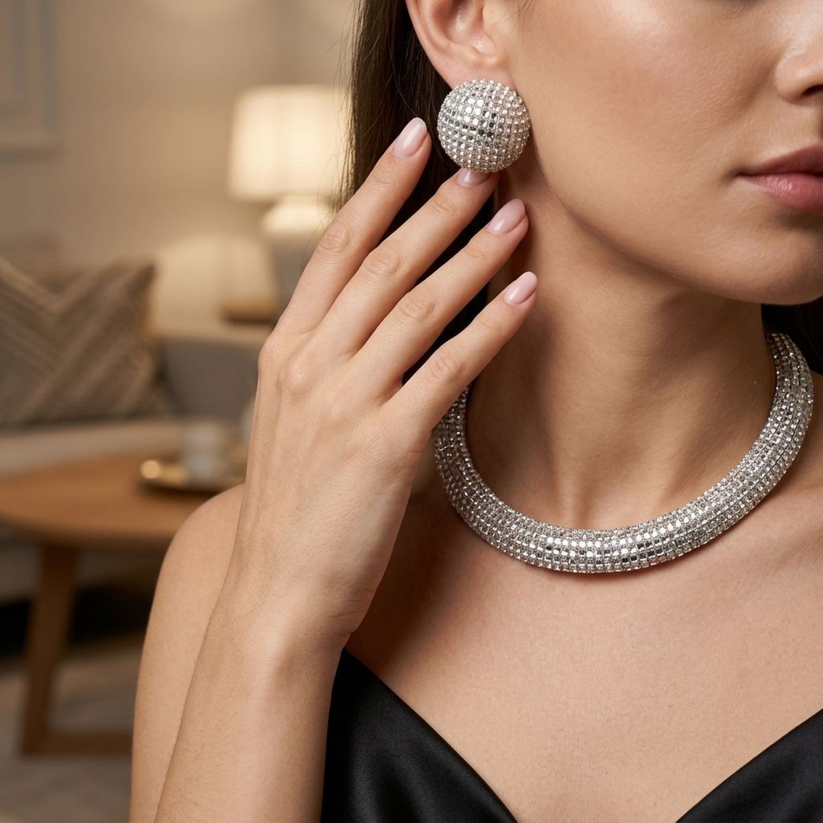 Gold Clear Stone 6 Row Disco Ball Collar Necklace Set