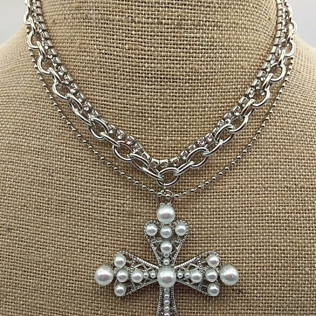 3 Strand Cross Chunky Necklace Rhinestone Faux Pearl + Dangle Drop Earrings