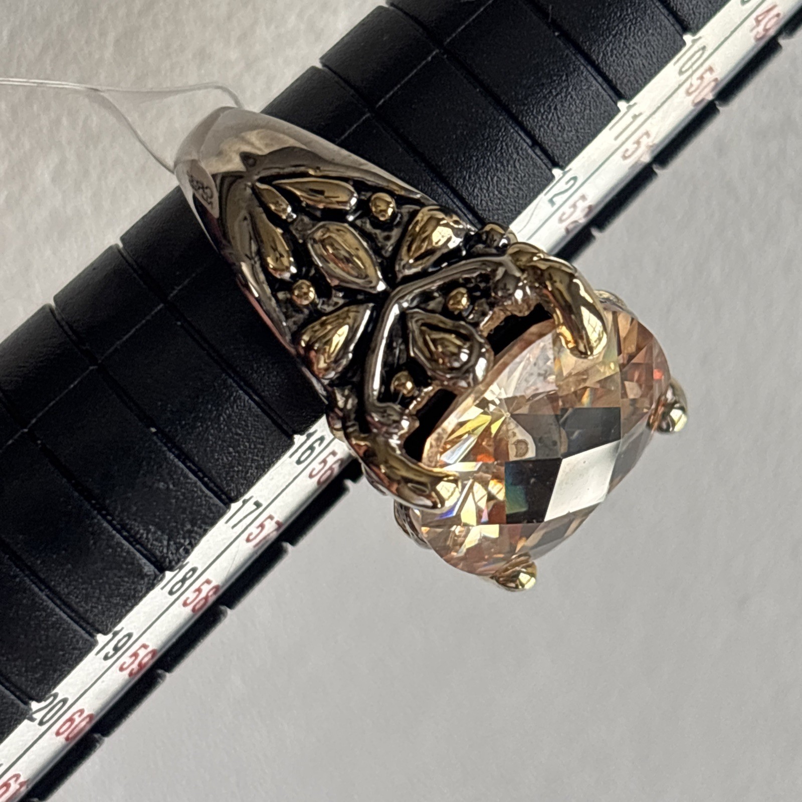 Inspirational Champagne Cushion Cut CZ Crystal Silver Gold Balinese Ring Size 7