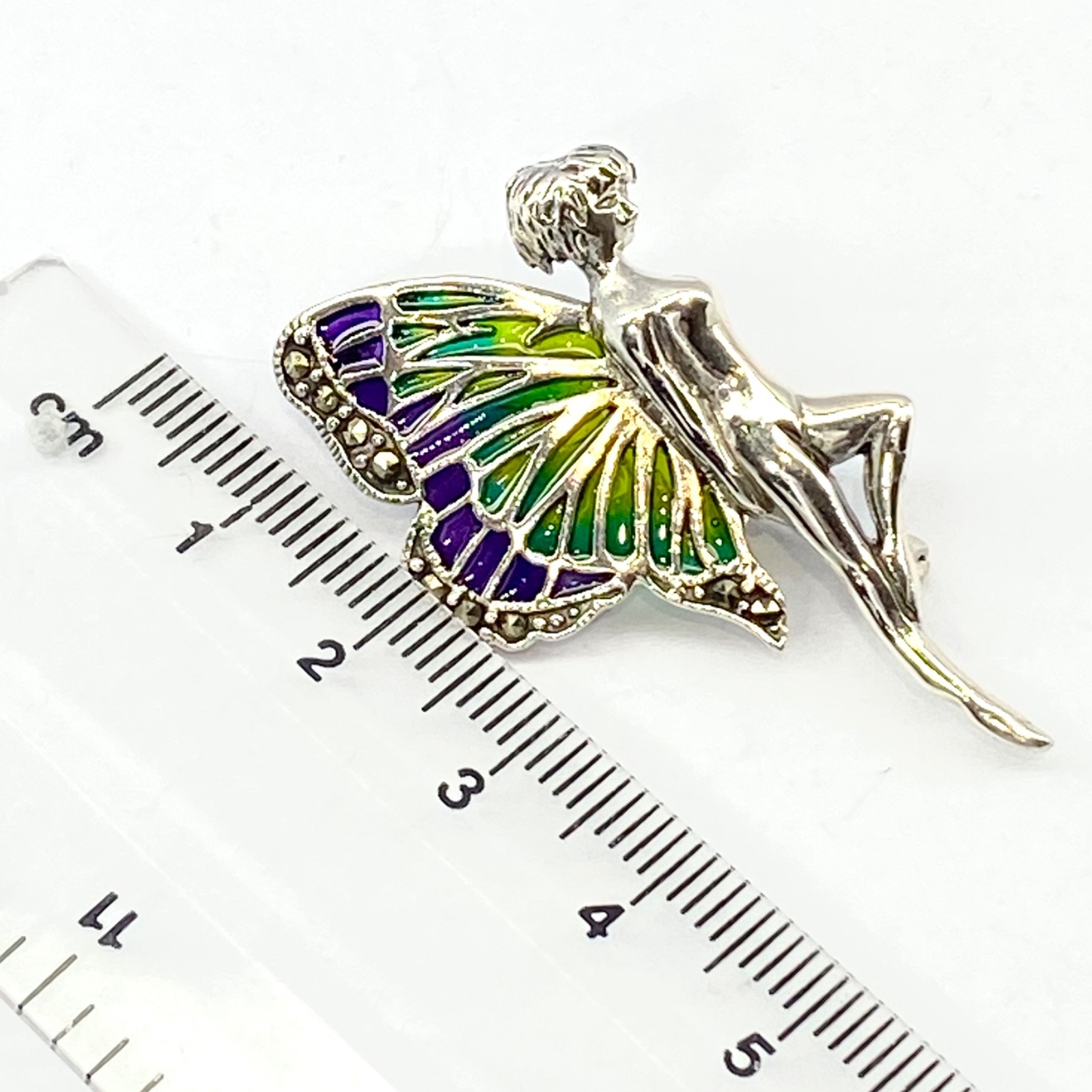 Silver Fairy Brooch 925 Sterling Plique a Jour Wings Marcasite 5.8 x 2.8cm New