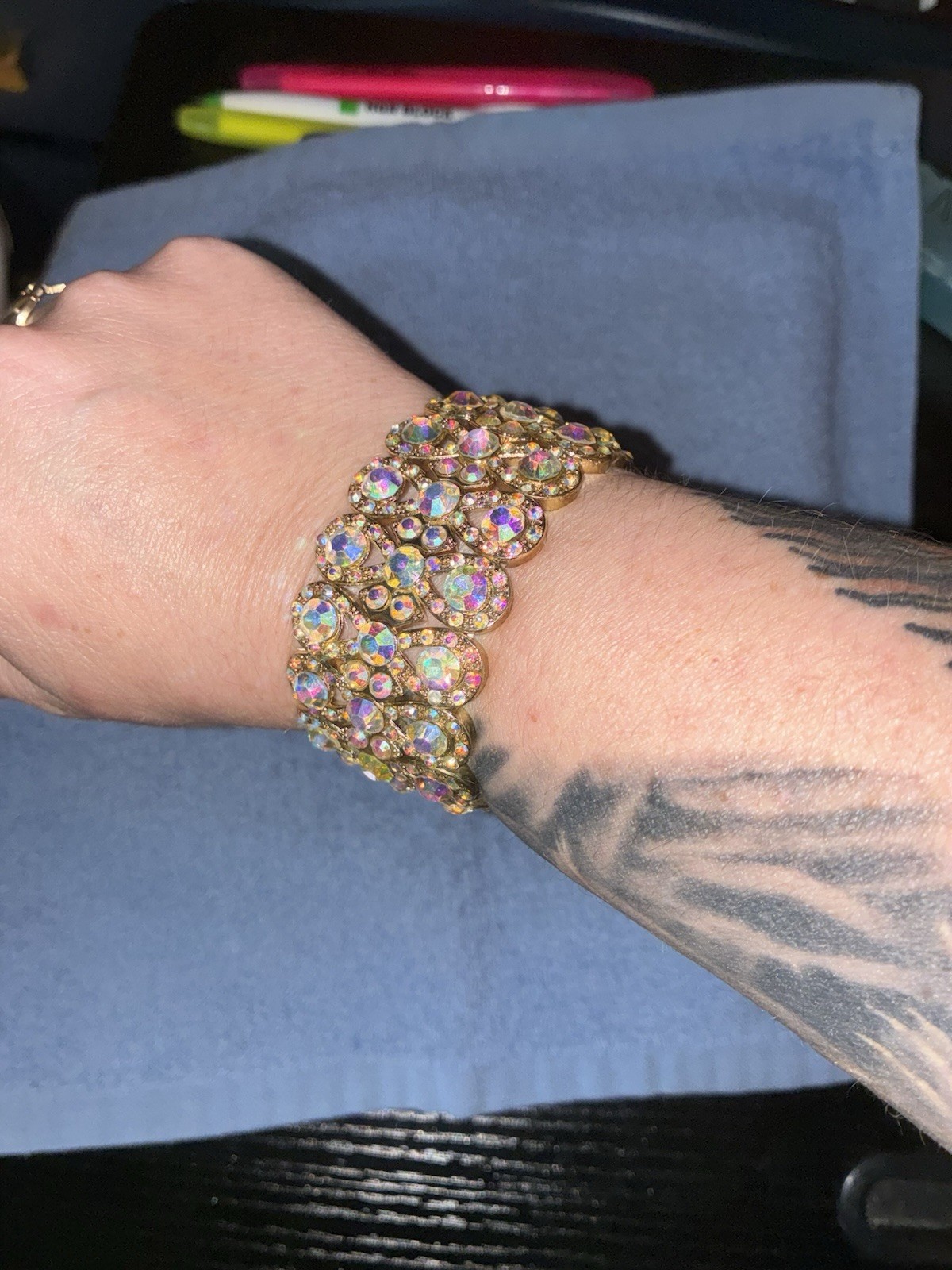 Gold Tone Stretch iridescent Bracelet Multcolor Round Crystal Rhinestones