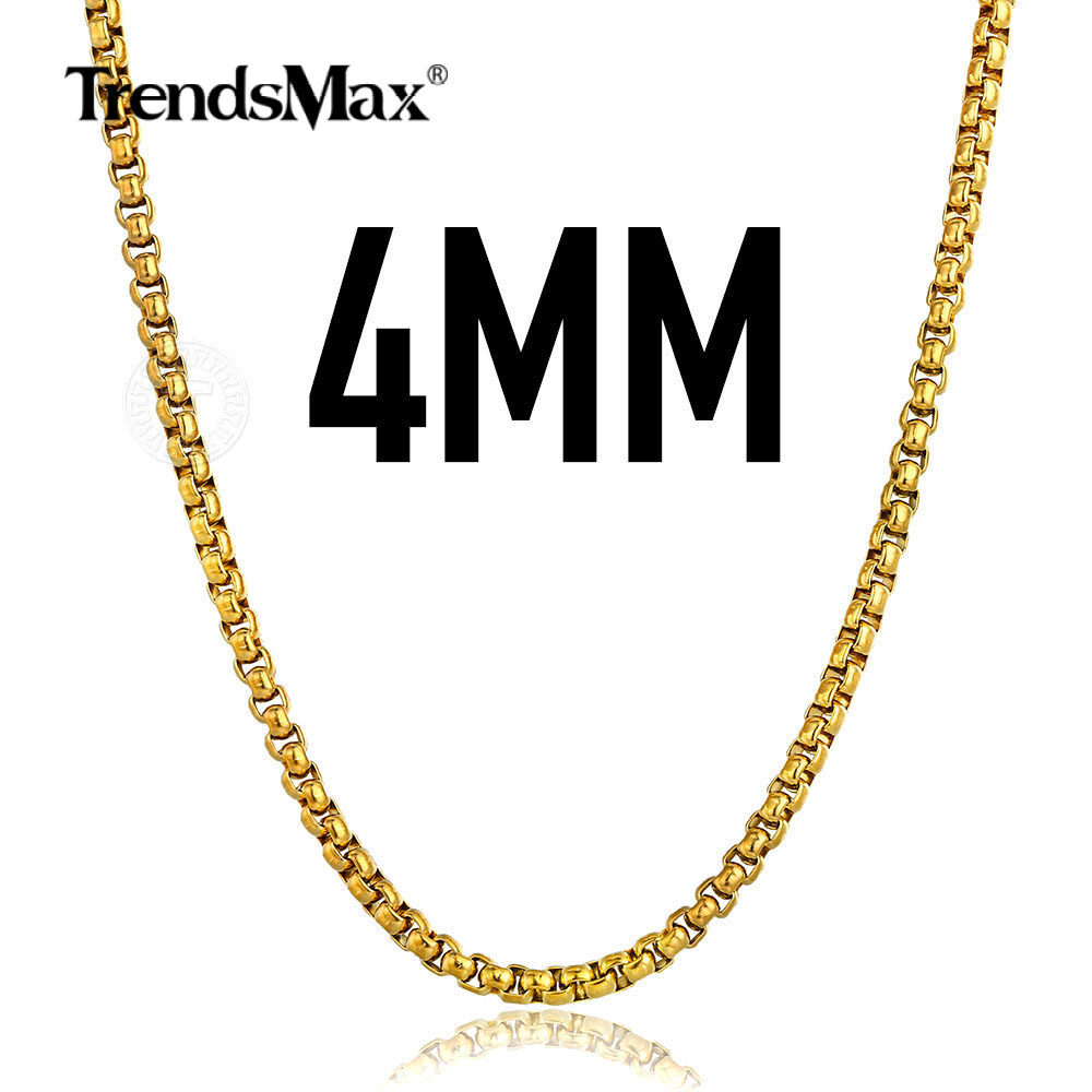 4mm Mens Round Box Link Gold Plated Stainless Chain Steel Necklace 18-36 inches