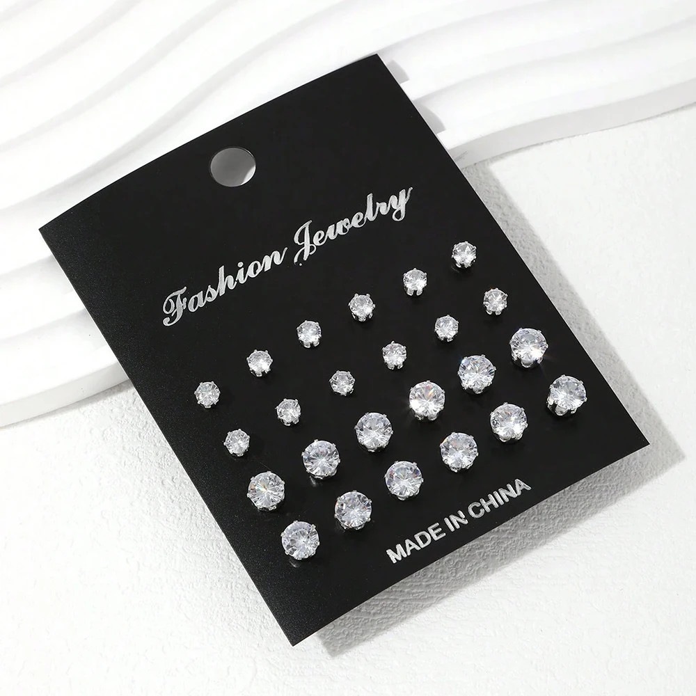 12/24/36 Pairs Shiny Zircon Stud Earrings Set for Women Men Daily Versatile Chic