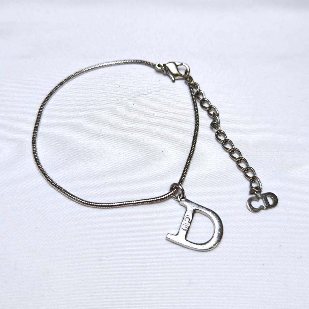 Christian Dior D Logo Charm Bracelet Silver-tone Snake Link Chain 6.7~8.7″long