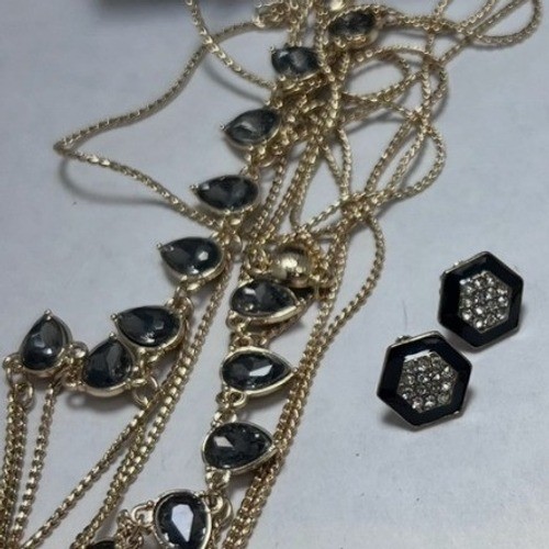 Gold Tone Black Statement Necklace Body Chain & Earrings Jewelry Lot Set 4pc