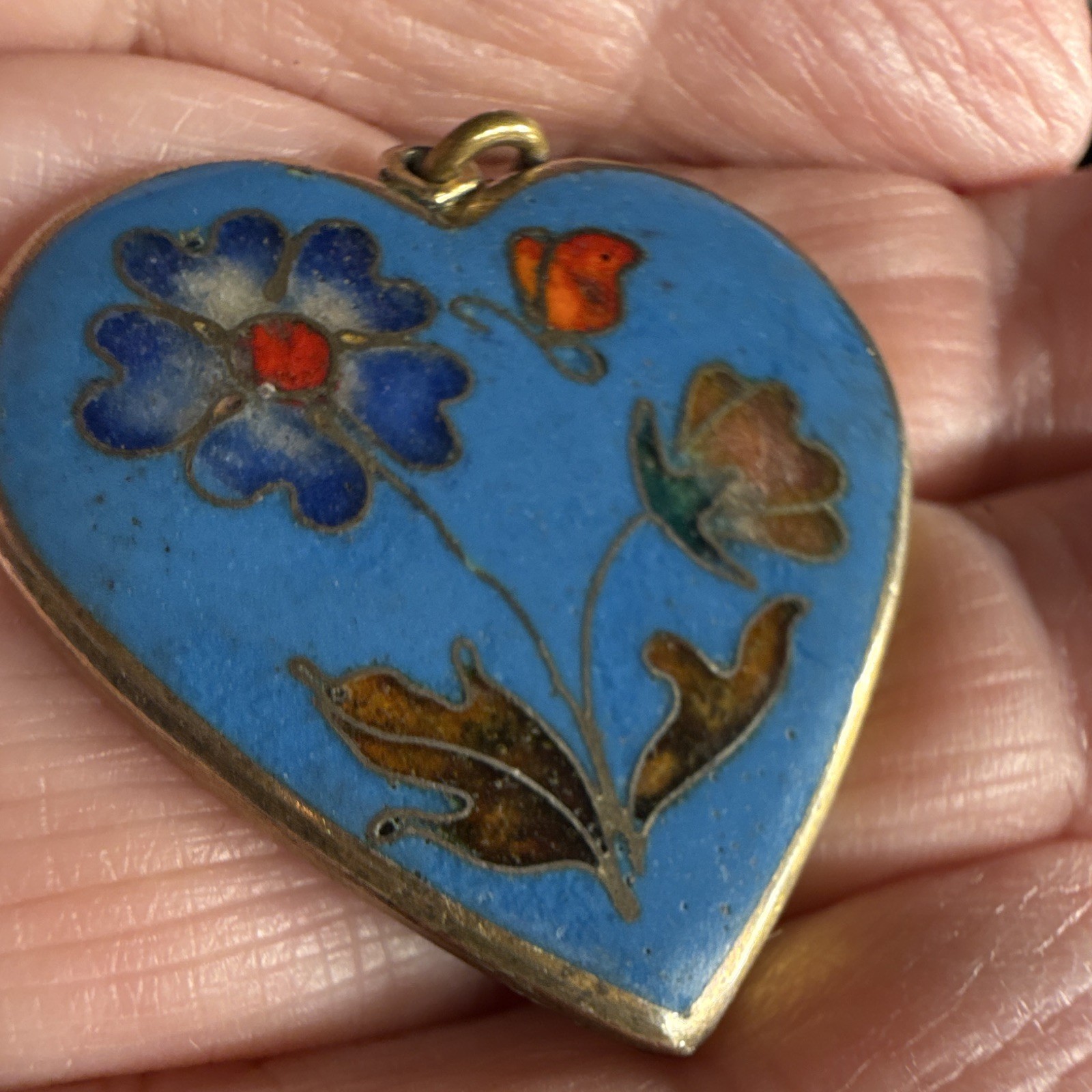 Blue Enamel Heart Charm Pendant Floral Design Gold Tone Jump Ring No Stone