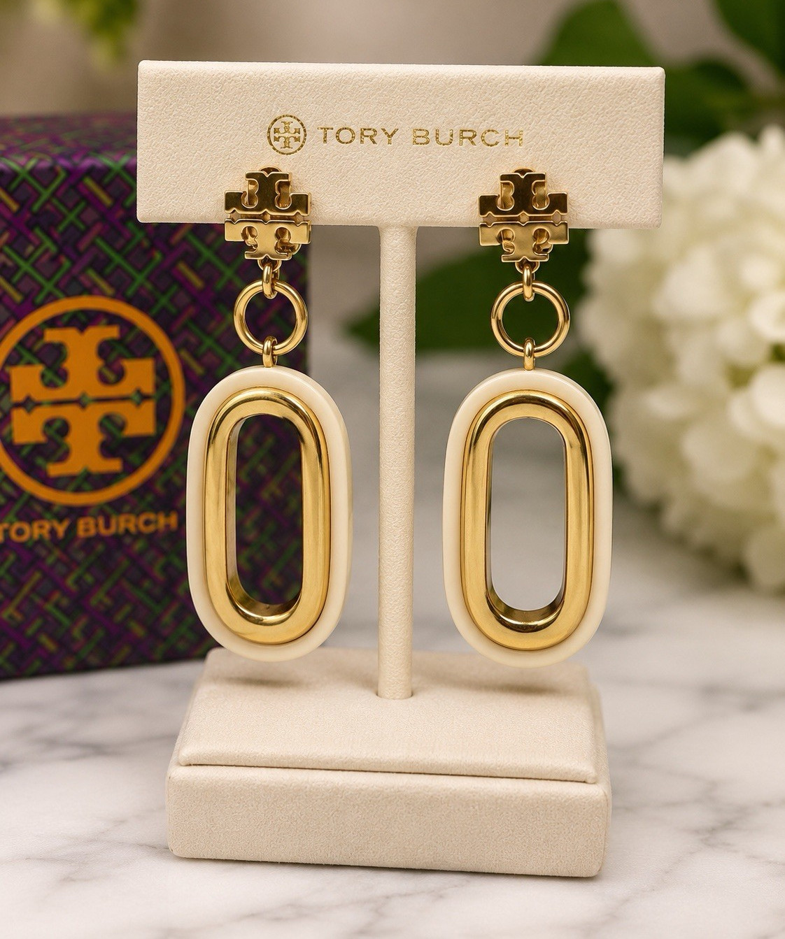Retired Tory Burch Double T Clip-On Drop Earrings Gold Tone Ivory Enamel Resin