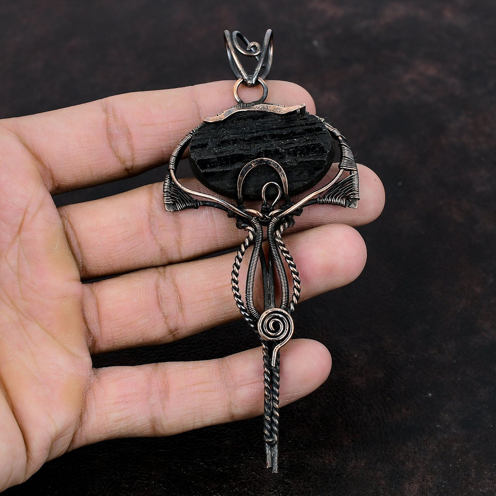 Black Tourmaline Rough Wire Wrapped Pendant Handcrafted Copper Gift 4.72″