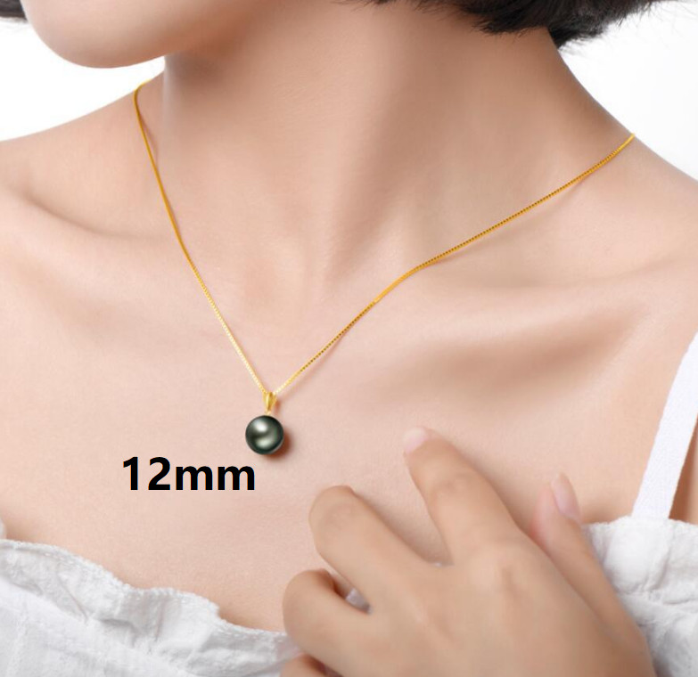 18K Gold Tahitian Black SHELL Pearl Pendant 18″ Necklace Sterling Silver Set Box