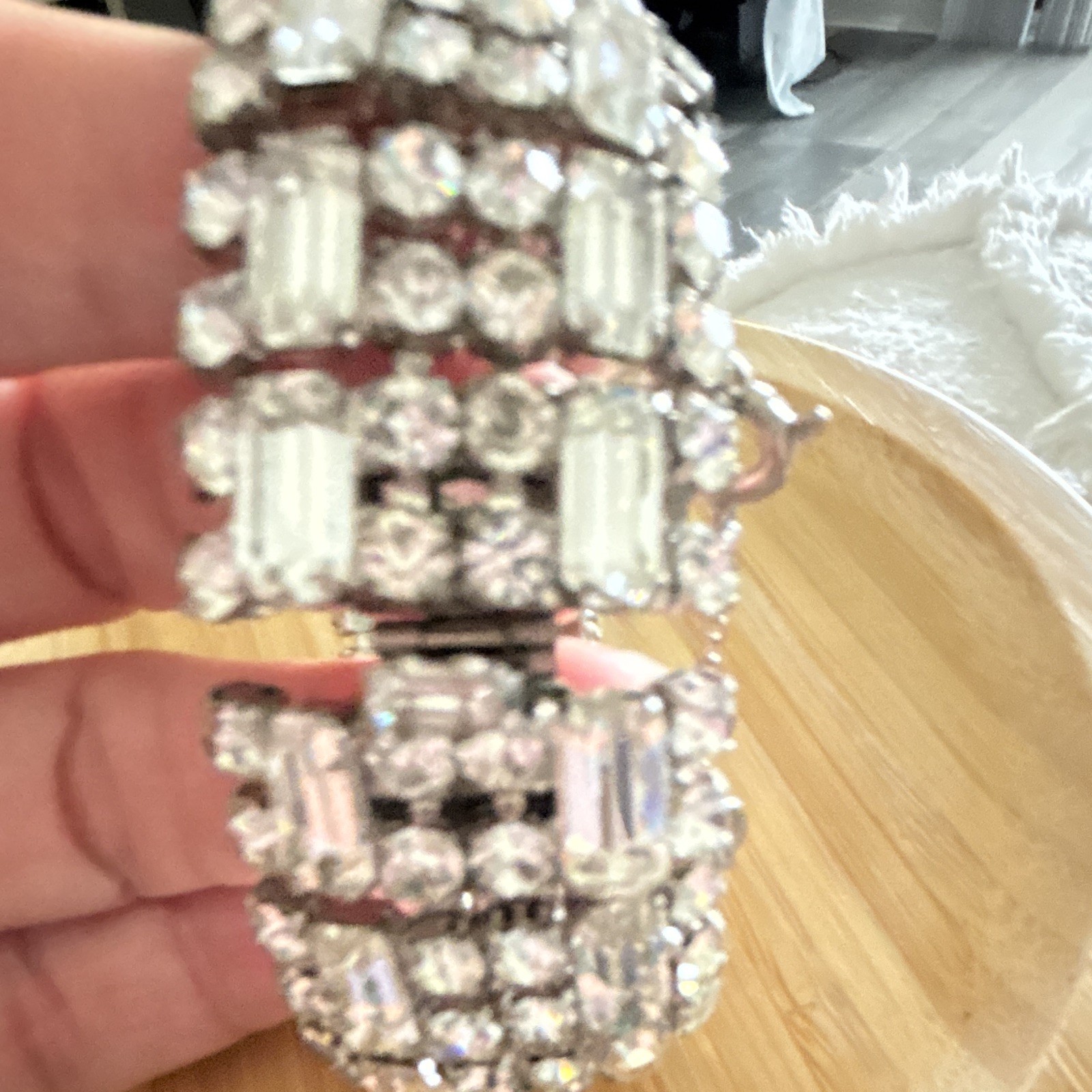 Estate Silver Tone Rhinestone Baguette Rectangle Wide Tennis Bracelet Clasp