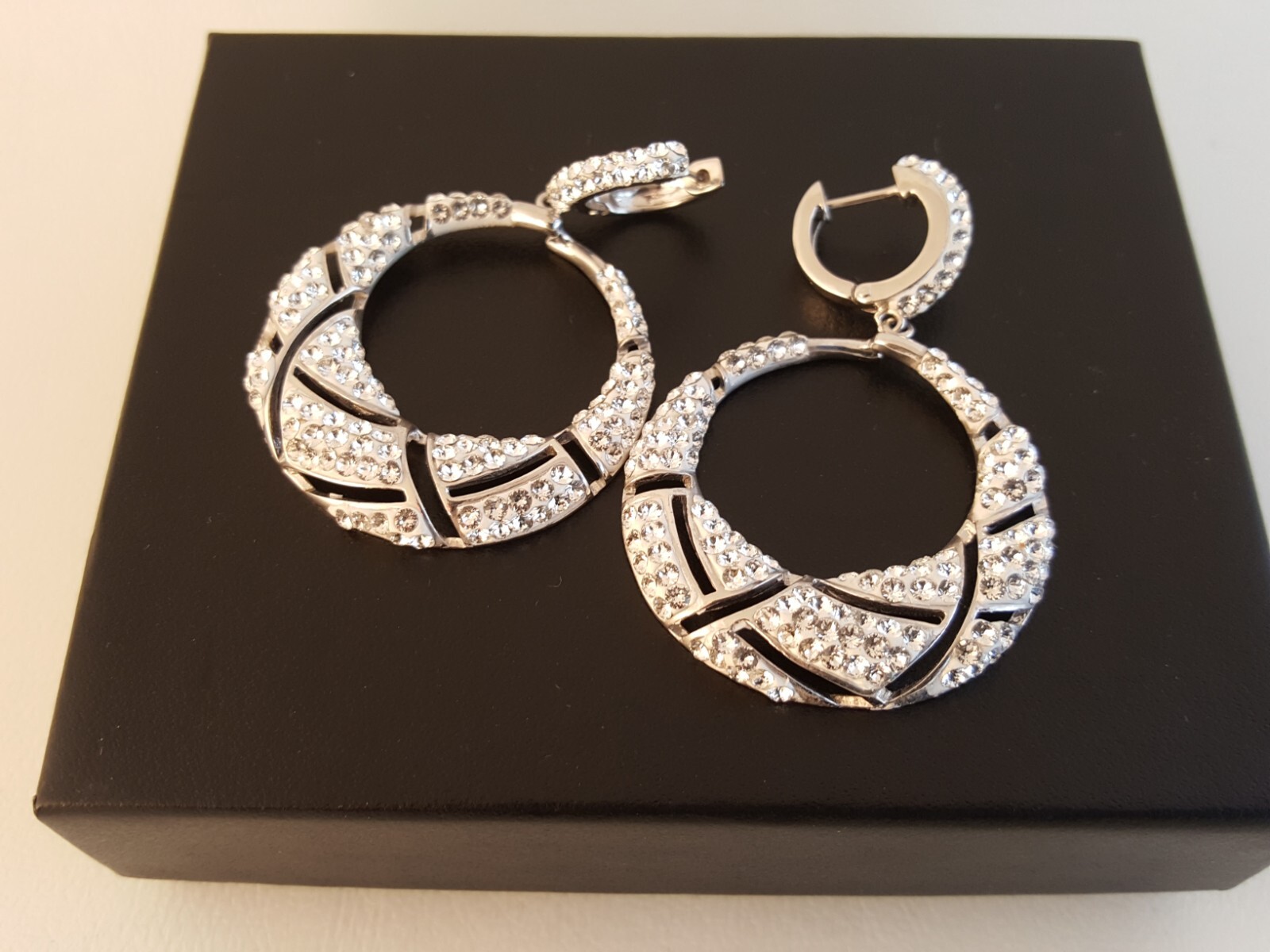 Malaysia rhinestone fashion earrings hoop dangly sterling silver + gift box