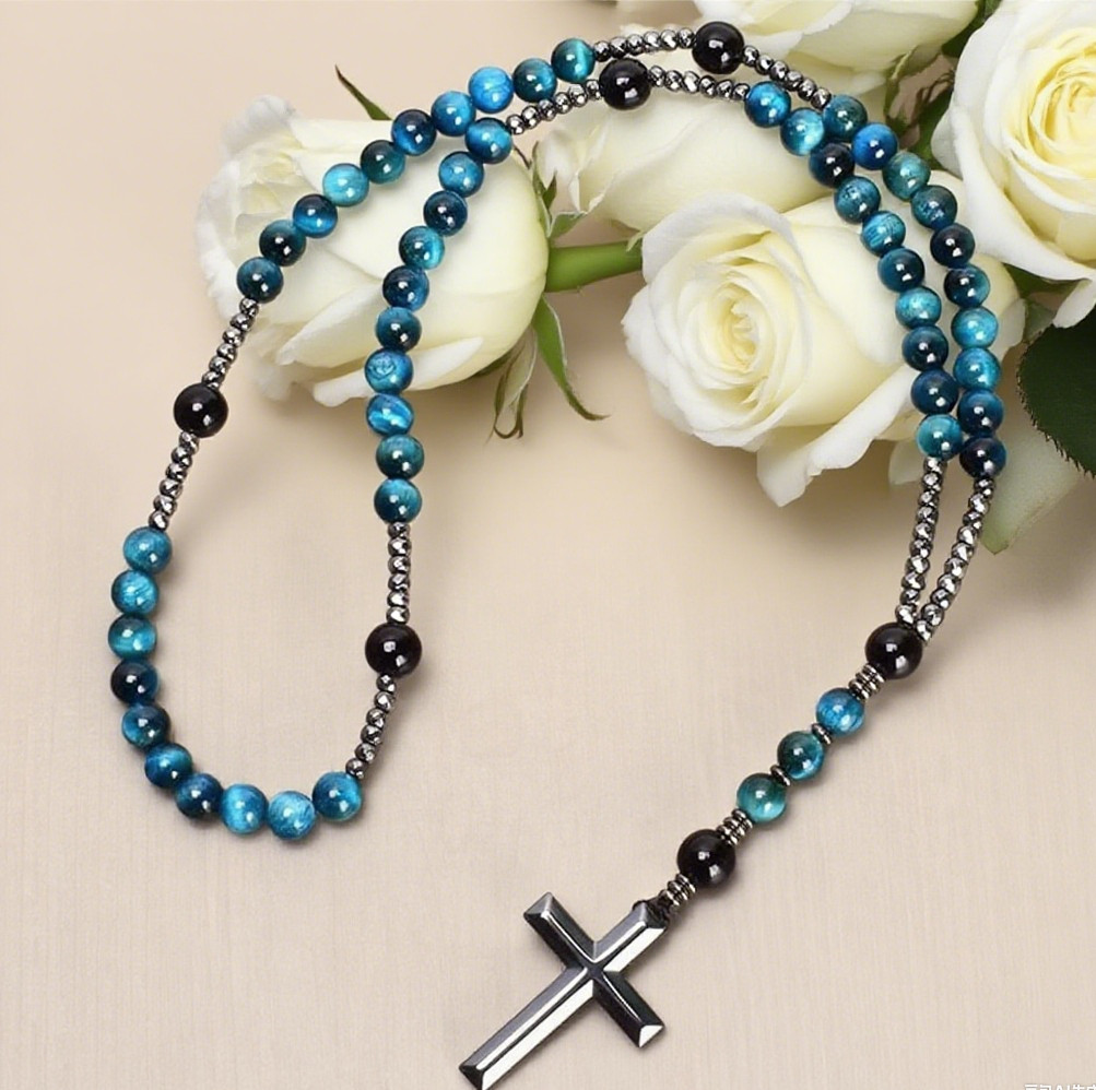 AAA+Blue Tiger Eye Mala Prayer Bead Christ Hematite Cross Pendant Necklace Gift