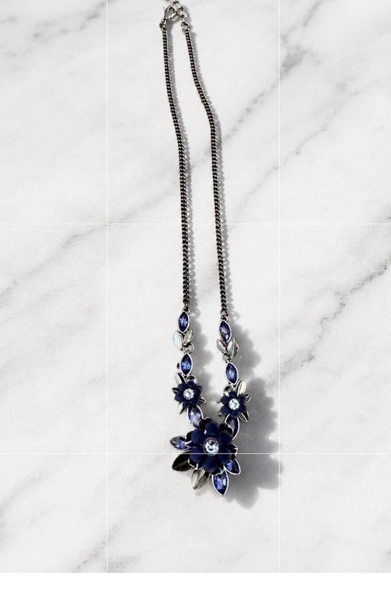 Blue Flower Enamel Charm Pendant Necklace Crystal Accents Silver Tone Adjustable