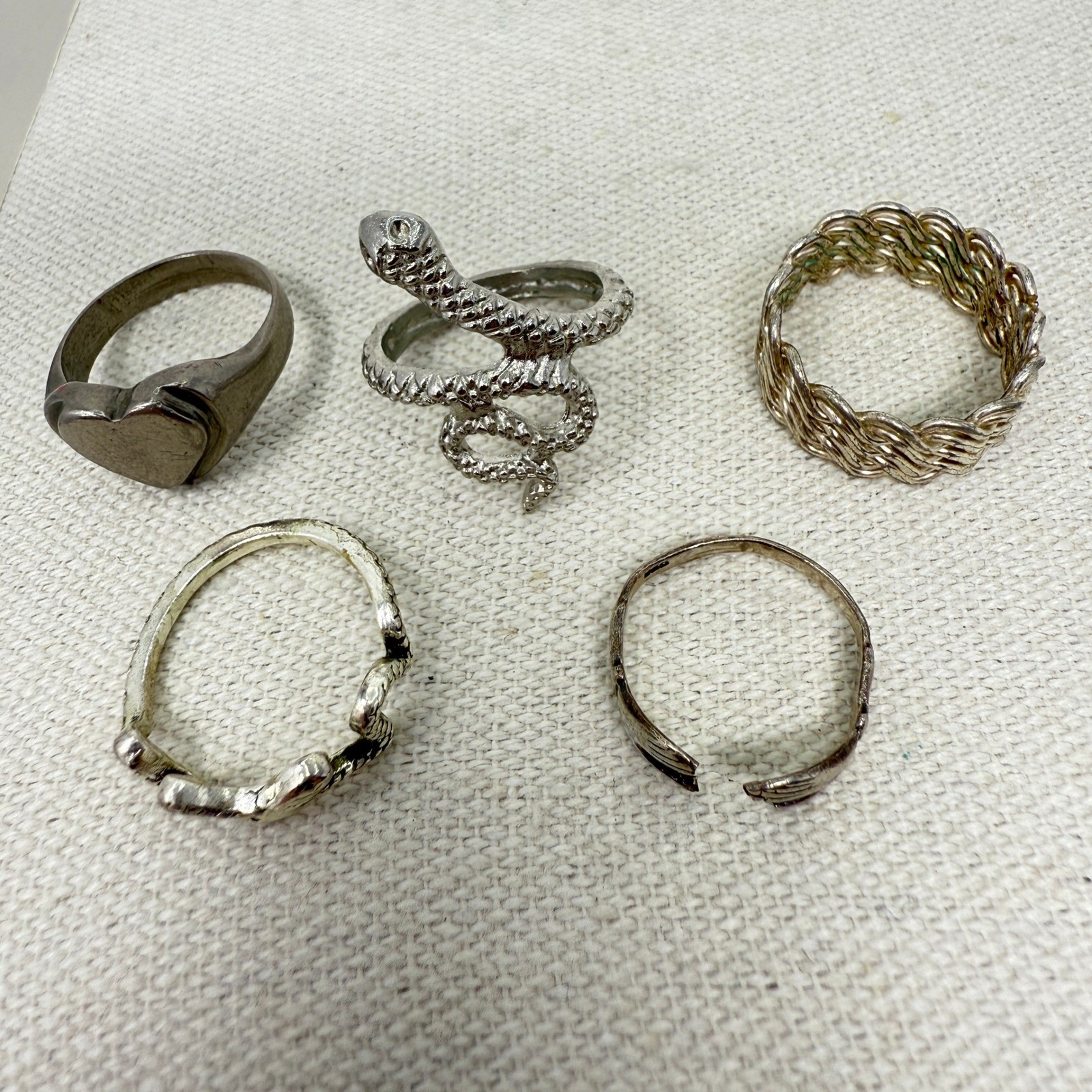 5pc Ring Set Snake Heart Hugging Hands Braided Band Statement Silver-Tone