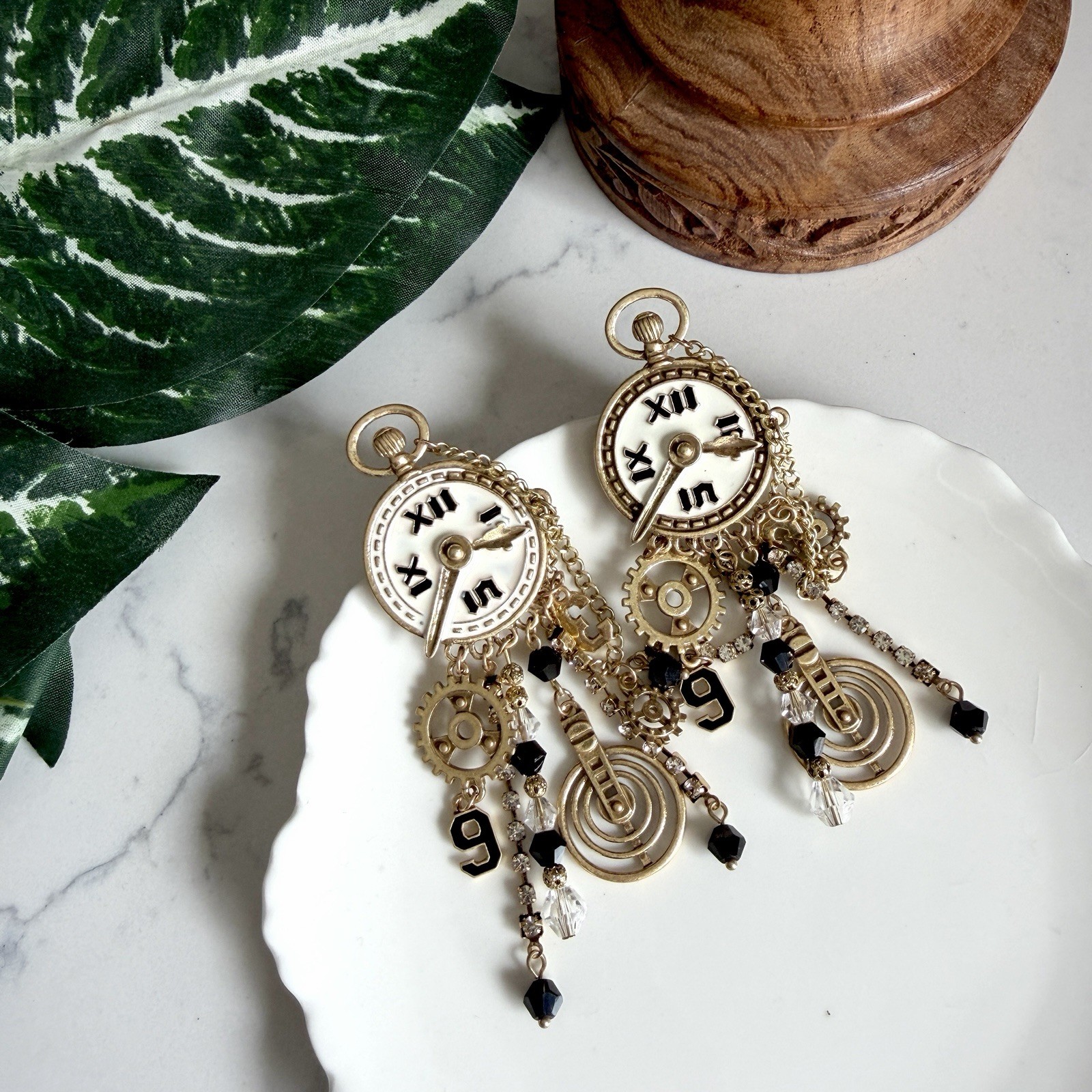 Gold Vintage Style Clock Earrings Steampunk Style Gears Jumbo Jewelry Gift NEW