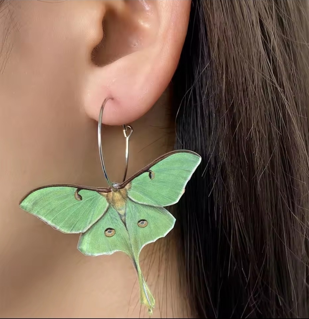 Luna Moth Hoop Dangle Drop Earrings Metal, Hoop Wire Closure 6.5cm