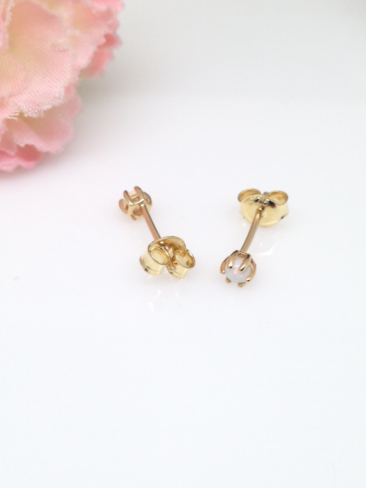 Round White Opal Stud Earrings Sterling Silver 925 Dainty Studs 2.9mm Gold