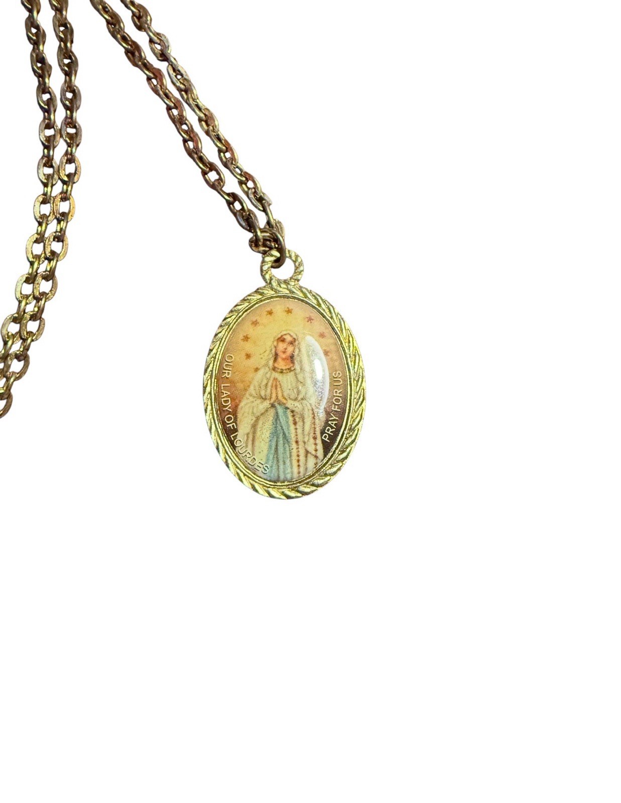 Gold Tone Cable Chain Necklace Oval Our Lady of Lourdes Medal Pendant (l24)