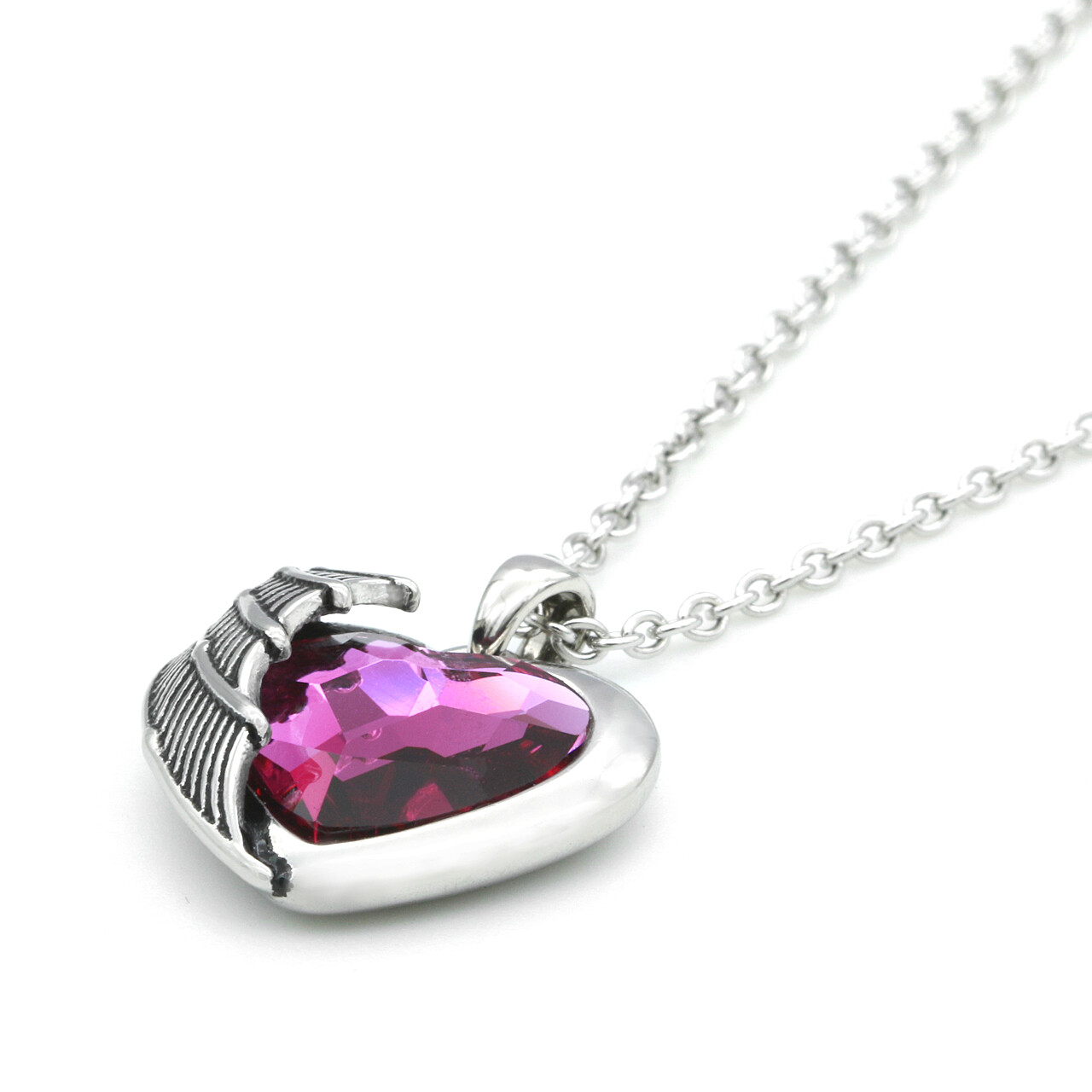 Stainless Steel Heart Necklace with Purple Crystal and single Angel Wing Design
