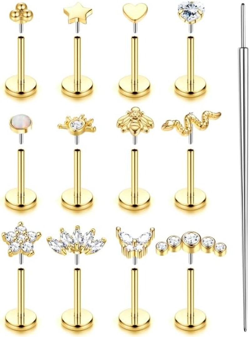 14K Gold Plated Push in Stud Earrings, 316L Surgical Steel Flat Back Earrings Th