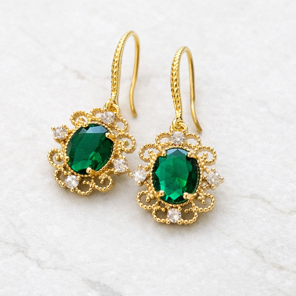 Regency Gold Plated Emerald Green Drop Earrings Vintage Bridal Jewelry Elegant